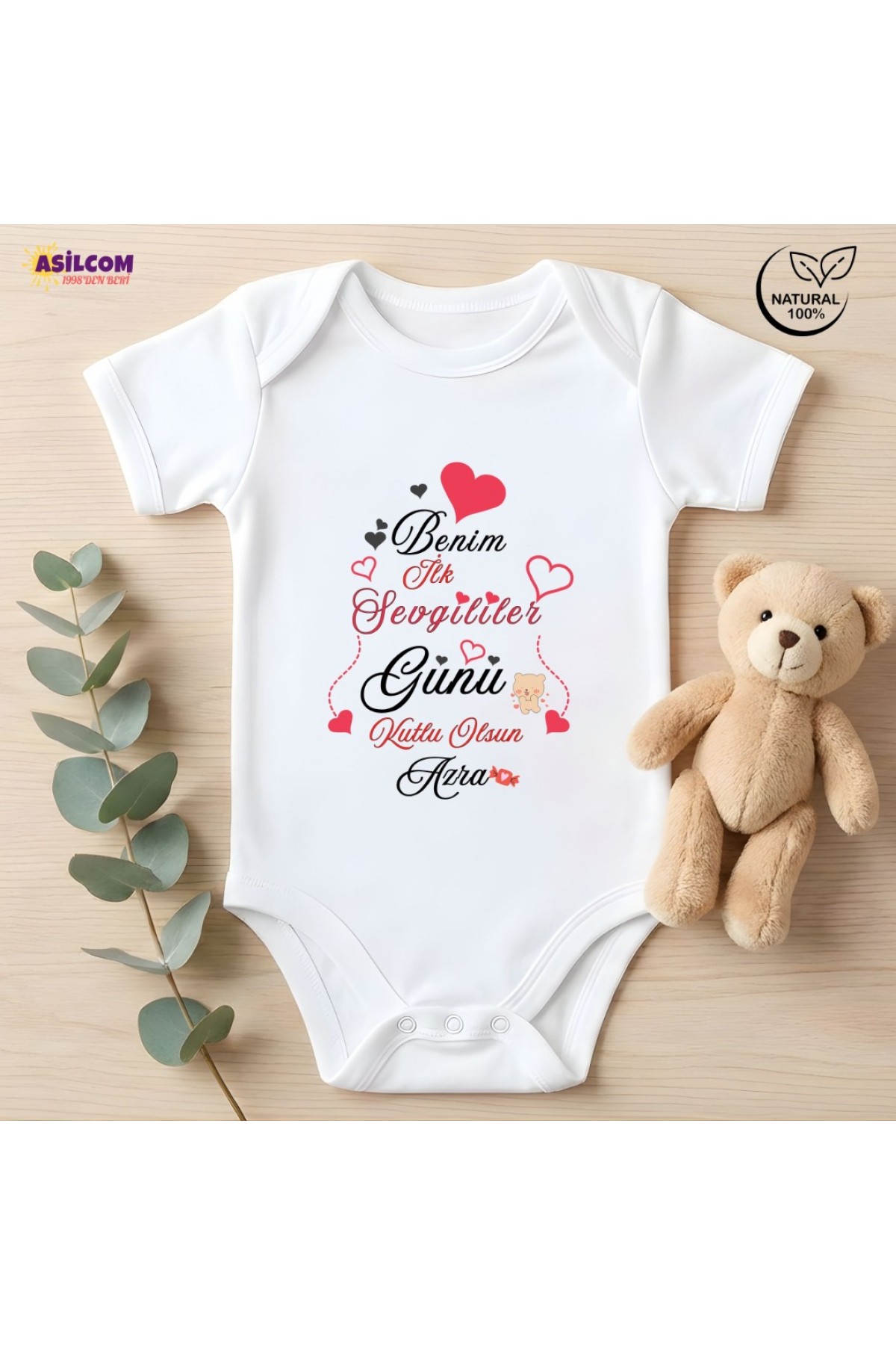 İsme Özel "Benim İlk Sevgililer Günüm" Tasarımlı Bebek Zıbın - %100 Pamuk