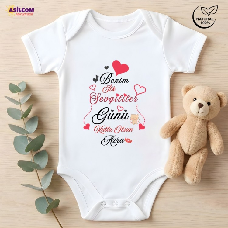 İsme Özel "Benim İlk Sevgililer Günüm" Tasarımlı Bebek Zıbın - %100 Pamuk