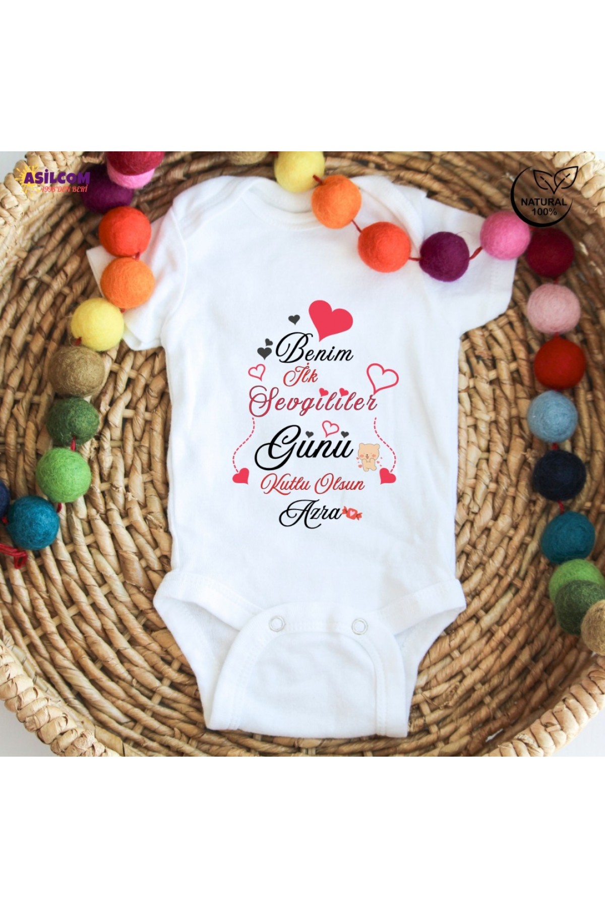 İsme Özel "Benim İlk Sevgililer Günüm" Tasarımlı Bebek Zıbın - %100 Pamuk