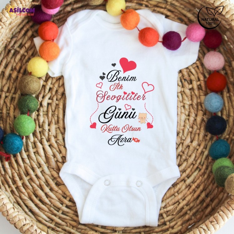 İsme Özel "Benim İlk Sevgililer Günüm" Tasarımlı Bebek Zıbın - %100 Pamuk
