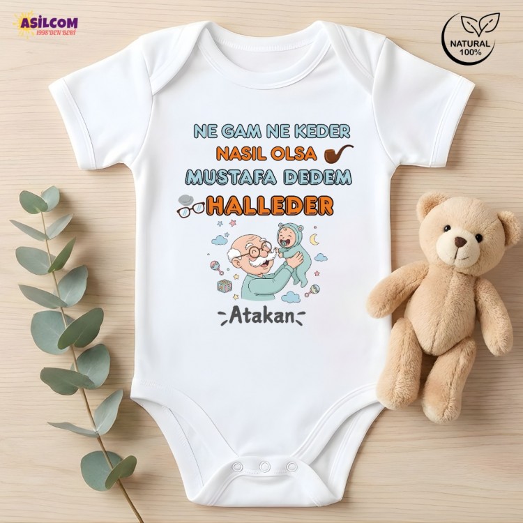 Kişiye Özel İsimli Bebek Zıbını - "Dedem Halleder" Tasarımlı Pamuklu Badi
