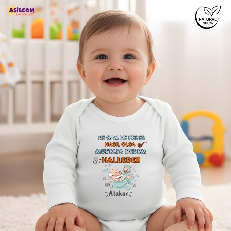 Kişiye Özel İsimli Bebek Zıbını - "Dedem Halleder" Tasarımlı Pamuklu Badi