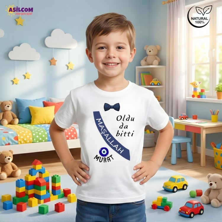 Kişiye Özel İsimli ve "Oldu da Bitti Maşallah" Yazılı Sünnet Tişörtü